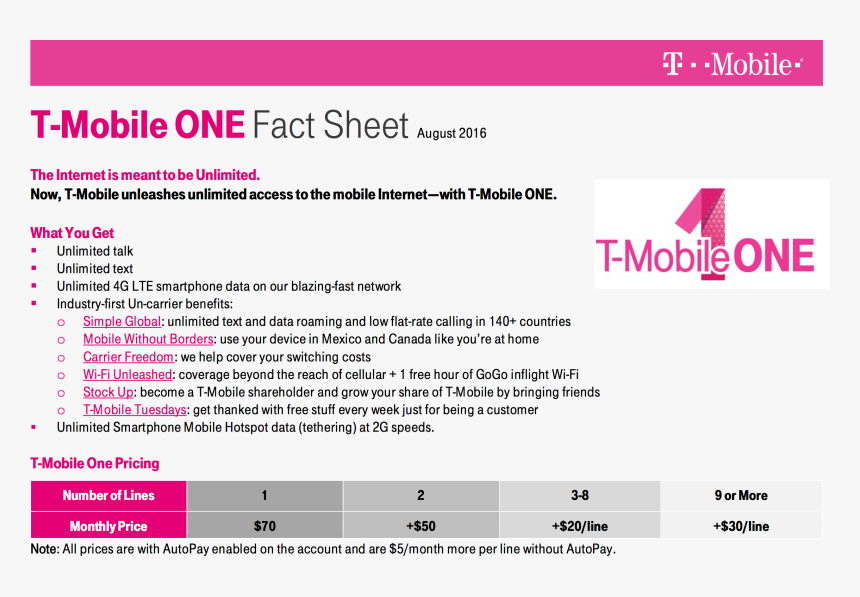 T-mobile One Fact Sheet Image - T Mobile, HD Png Download