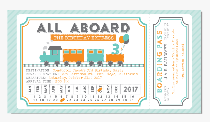 Train Ticket Birthday Invitation Turquoise, HD Png Download