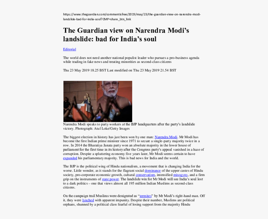 The Guardian News On Modi - Plants Have Feelings Speech, HD Png Download