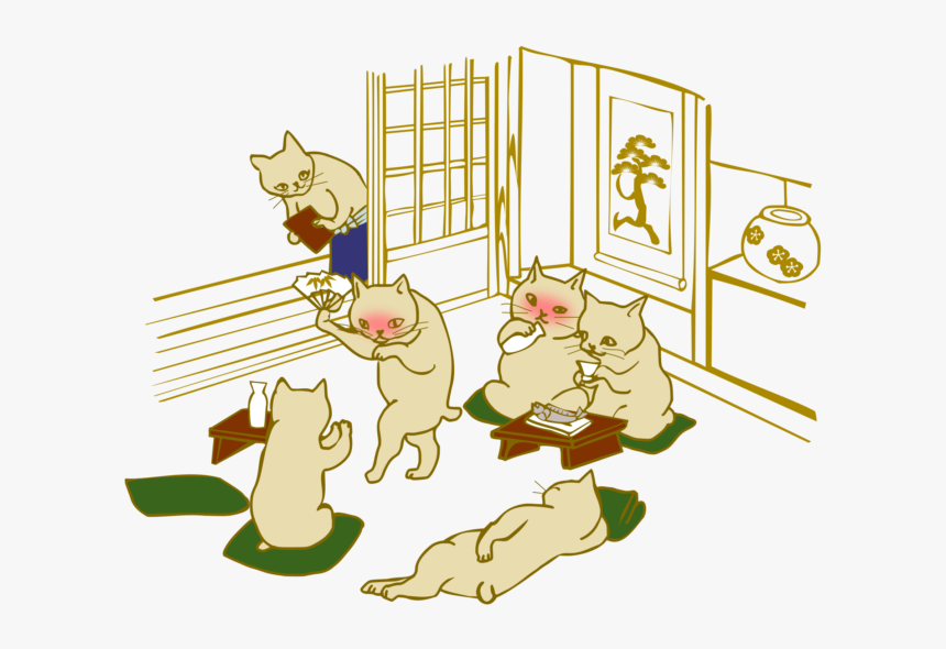 Drinking Session Cats Japanese Ukiyo E Style - Cartoon, HD Png Download