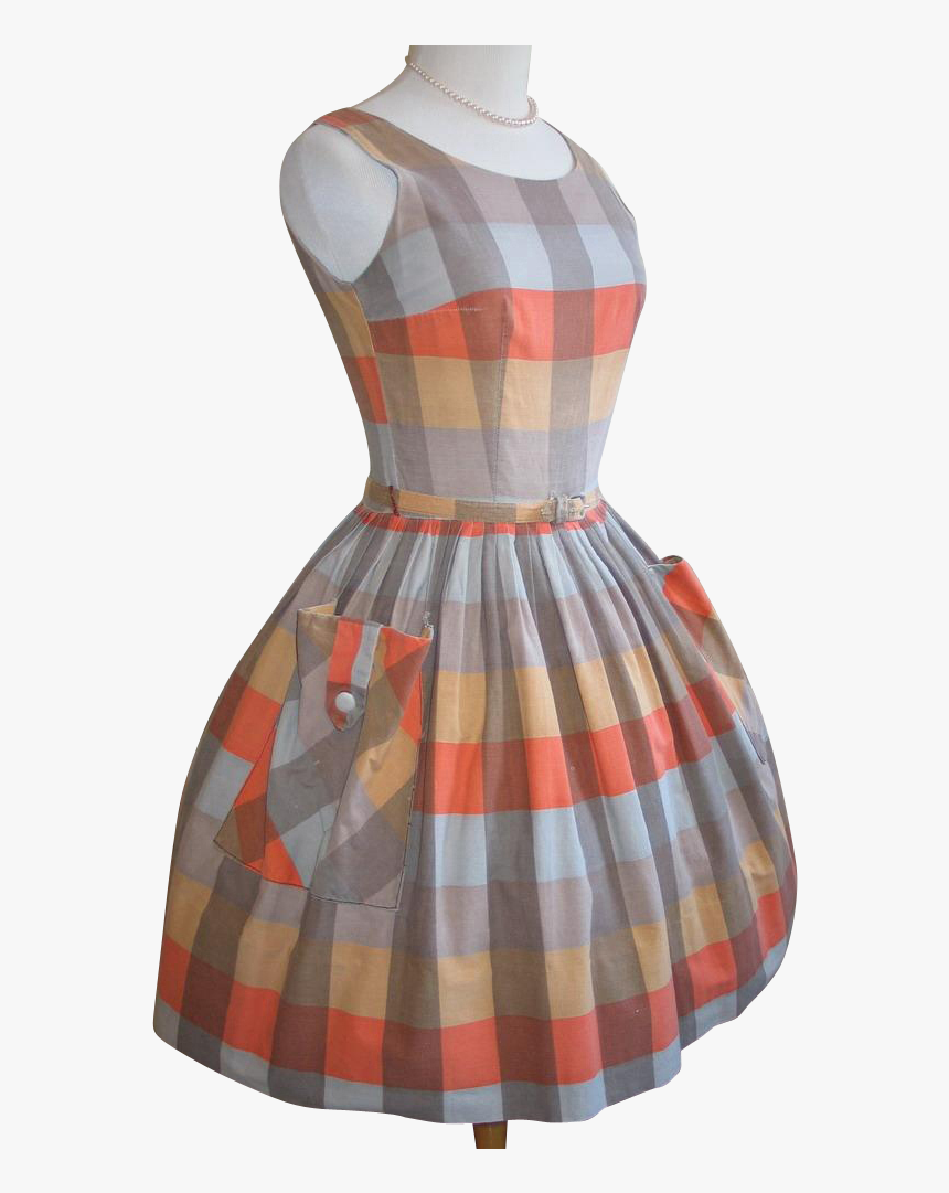 Vintage 1950s 1960s Orange Cocoa Gold Plaid Fit N Flare - Cocktail Dress, HD Png Download