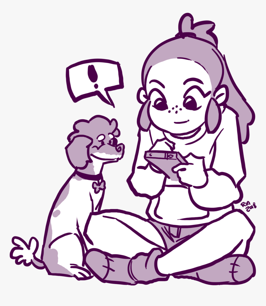 Rin Using A Phone With Her Dog - Drawing, HD Png Download