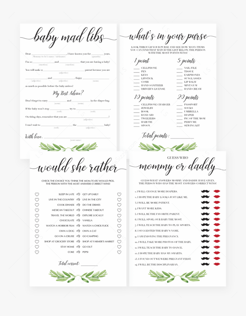 Green Leafy Baby Shower Games Bundle Printable By Littlesizzle - Mommy Or Daddy Baby Game, HD Png Download