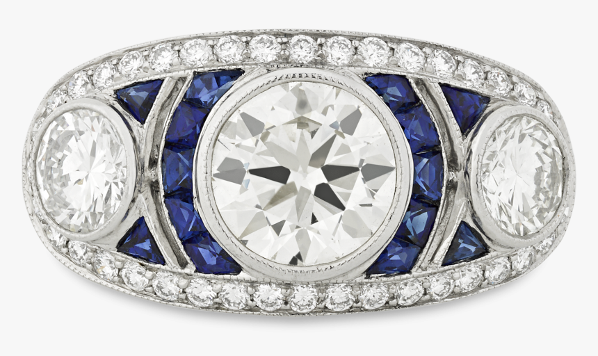 Three-stone Diamond And Sapphire Art Deco Style Ring - Engagement Ring, HD Png Download
