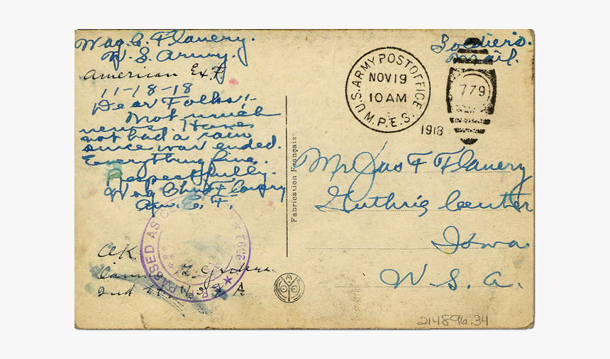 Postcard Mailed From France, World War I - Postcard From World War 1, HD Png Download