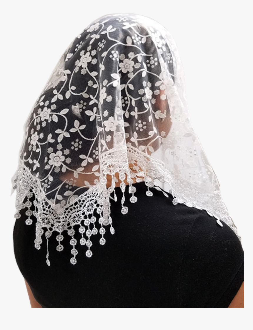 White Mantilla Style Chapel Veil With Drop Lace Edge - Mantilla Png, Transparent Png