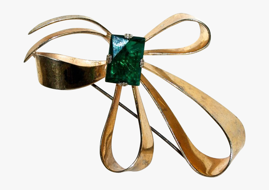 Sterling Silver Bow Brooch W/ Green Glass Stone From - Crystal, HD Png Download