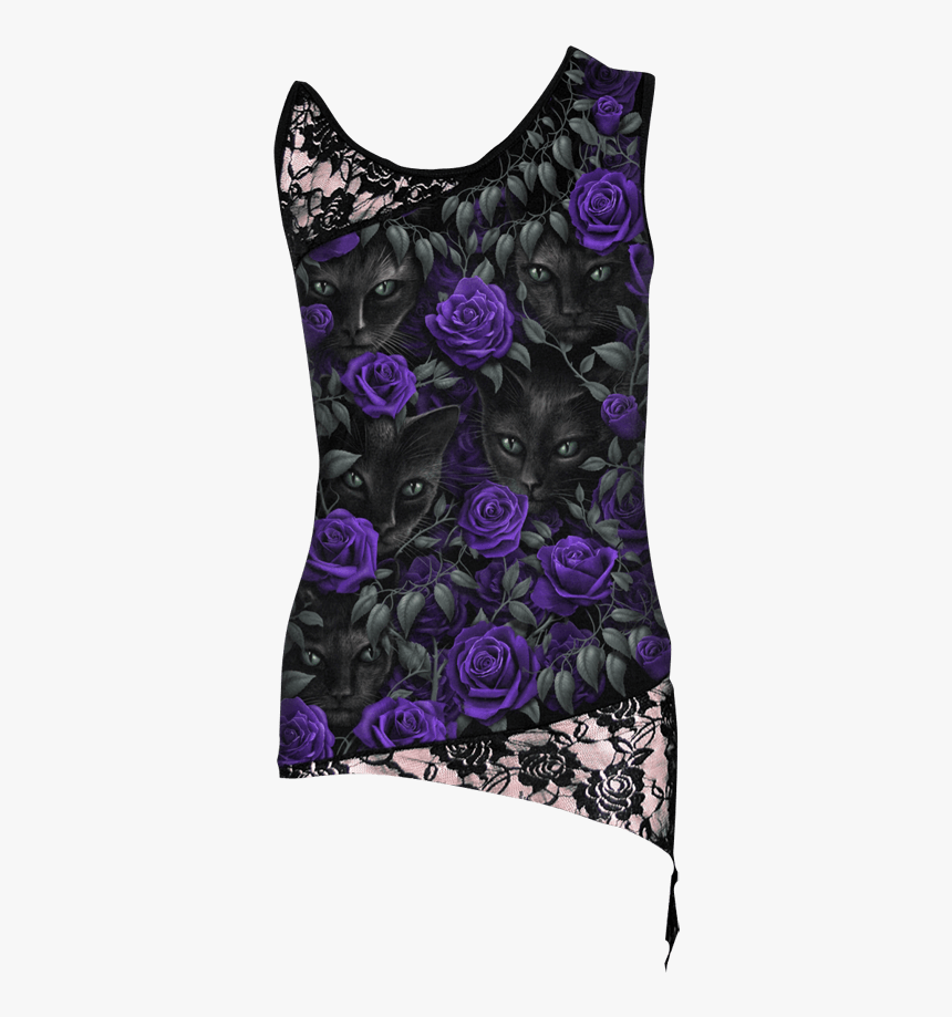 Black Cat And Purple Rose Lace Top - Lace Top Black And Purple, HD Png Download