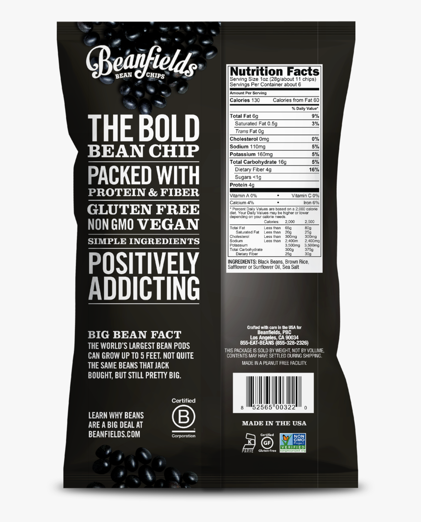 Black Bean & Sea Salt Bean Chips 
 
 Data Image Id - Beanfields Pico De Gallo Chips, HD Png Download