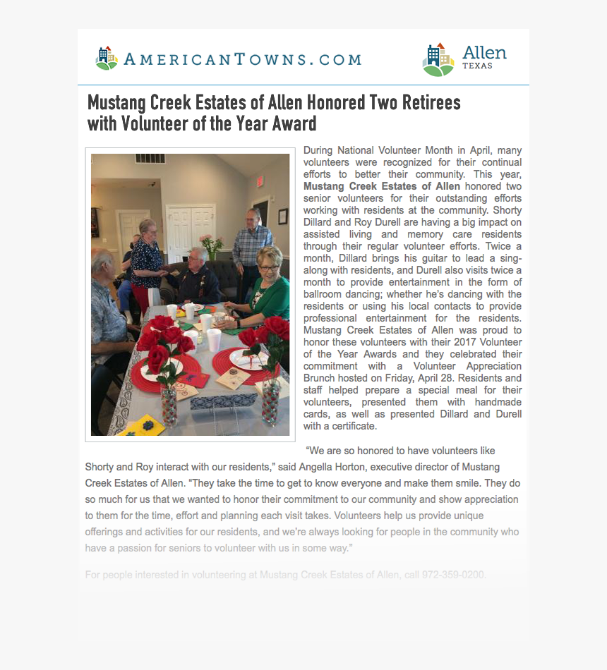 Mustang Creek Estates Of Allen Honored Two Retirees - Brochure, HD Png Download