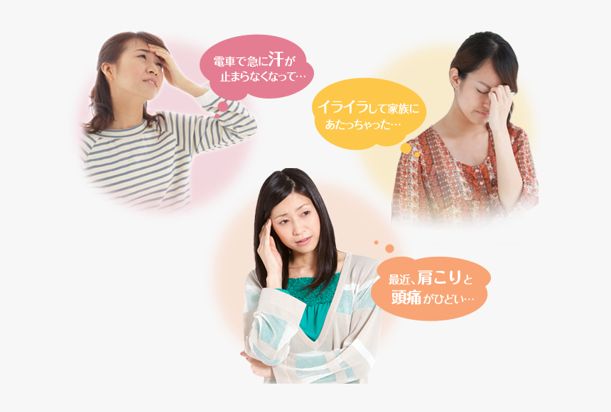 電車で急に汗が止まらなくなって ／イライラして家族にあたっちゃった ／最近、肩こりと頭痛がひどい - Thuốc Tiền Mãn Kinh Của Nhật, HD Png Download