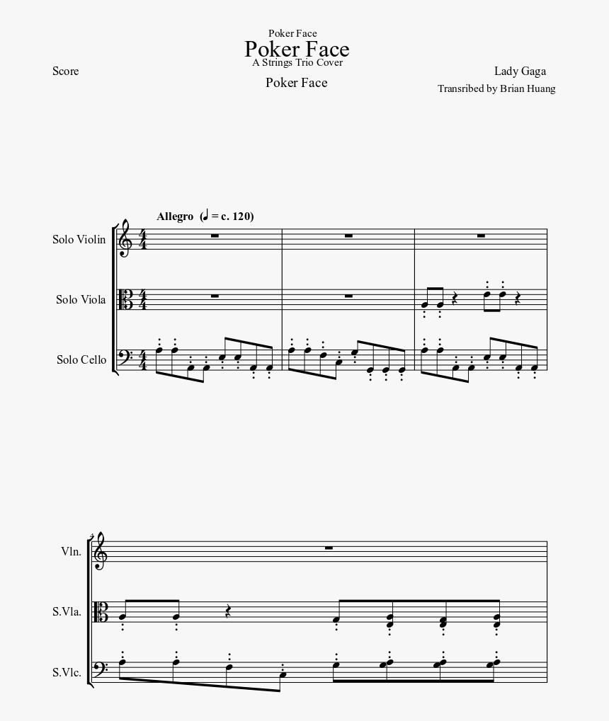 Transparent Poker Face Png - Free Sheet Pop Music String Quartet, Png Download