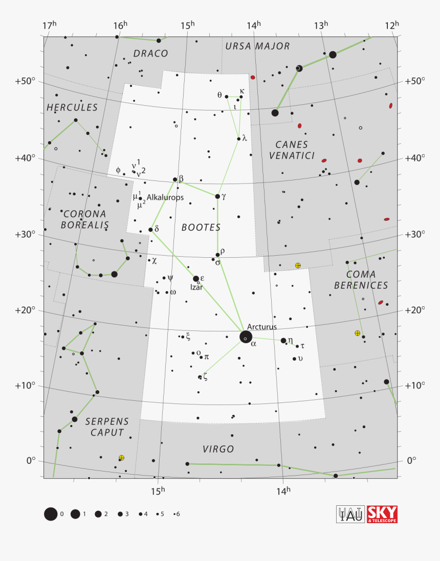 Transparent Row Of Stars Png - Bootes Constellation Star Chart, Png Download