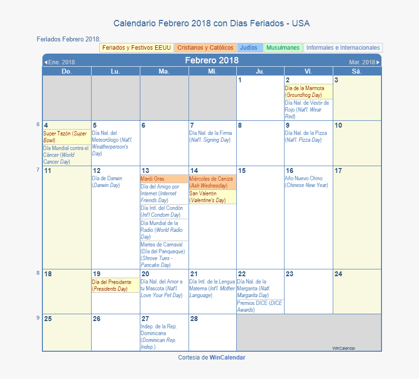 Calendario Estados Unidos Febrero 2018 En Formato De - January 2020 Calendar With Holidays, HD Png Download