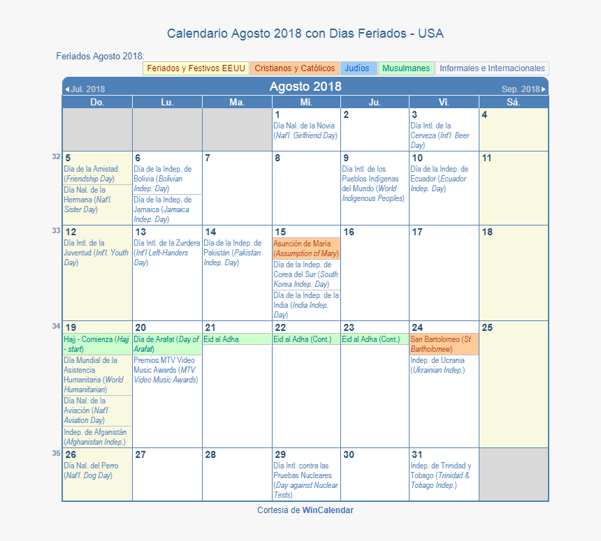 Calendario Estados Unidos Agosto 2018 En Formato De - Holiday April 2019 Calendar, HD Png Download