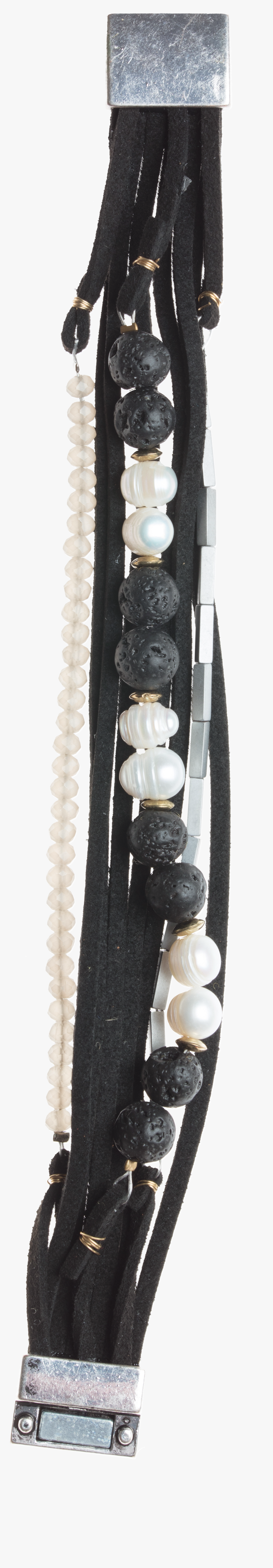 *black Lava Beads, Leather & Pearls, HD Png Download