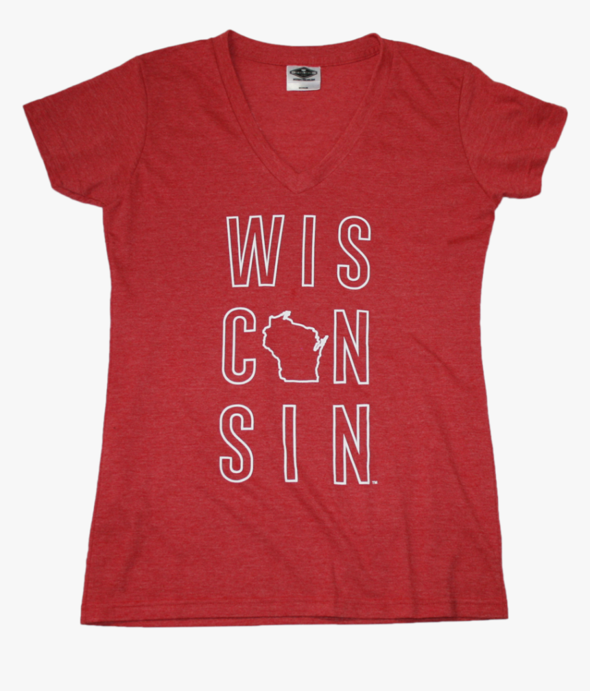 Wisconsin Red Ladies V-neck With White Stacked Letters - Disney T Shirts For Girls, HD Png Download