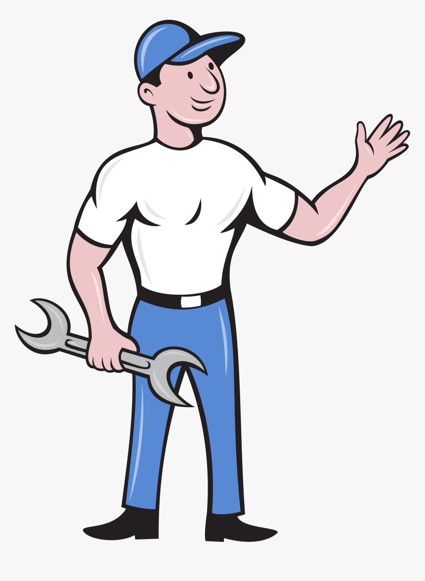 Mechanic Hold Spanner Waving Hand Cartoon Card - Mechanic Repairman Clip Art, HD Png Download