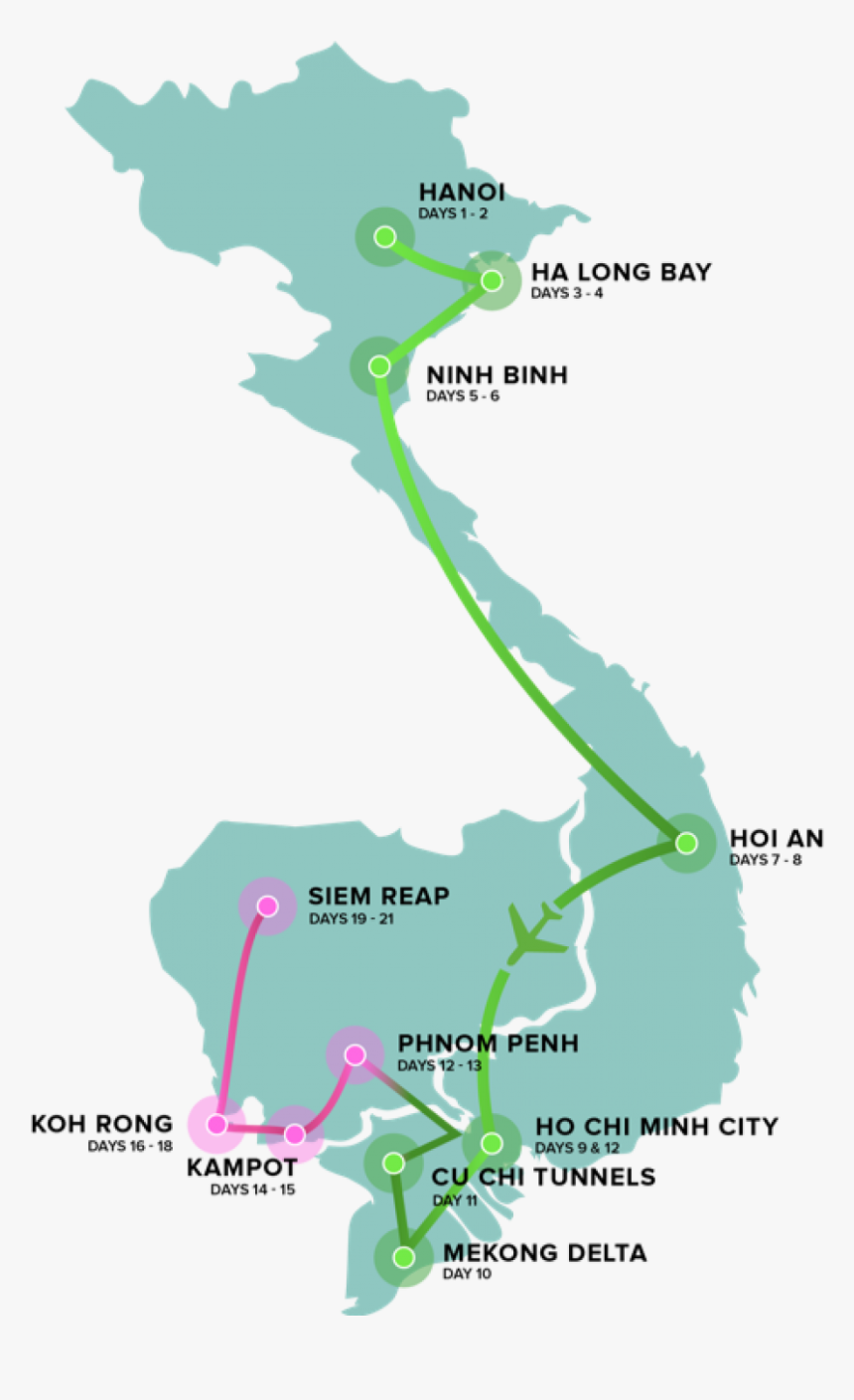Map For 21 Day Vietnam And Cambodia Intro Tour - Map Of Vietnam Big, HD Png Download
