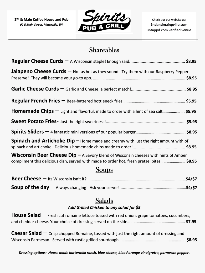 Spirts Pub Menu Jpeg Page - Spirits Pub Menu, HD Png Download