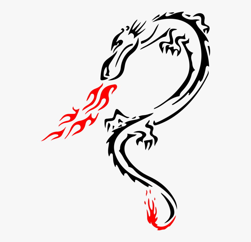Line Art,plant,calligraphy - Dragon With Flame Tatoo, HD Png Download