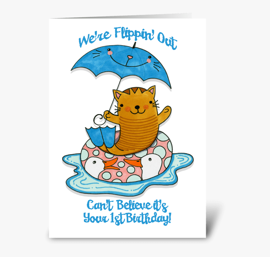 First Birthday Cat Wearing Flippers Greeting Card - Cartoon, HD Png Download