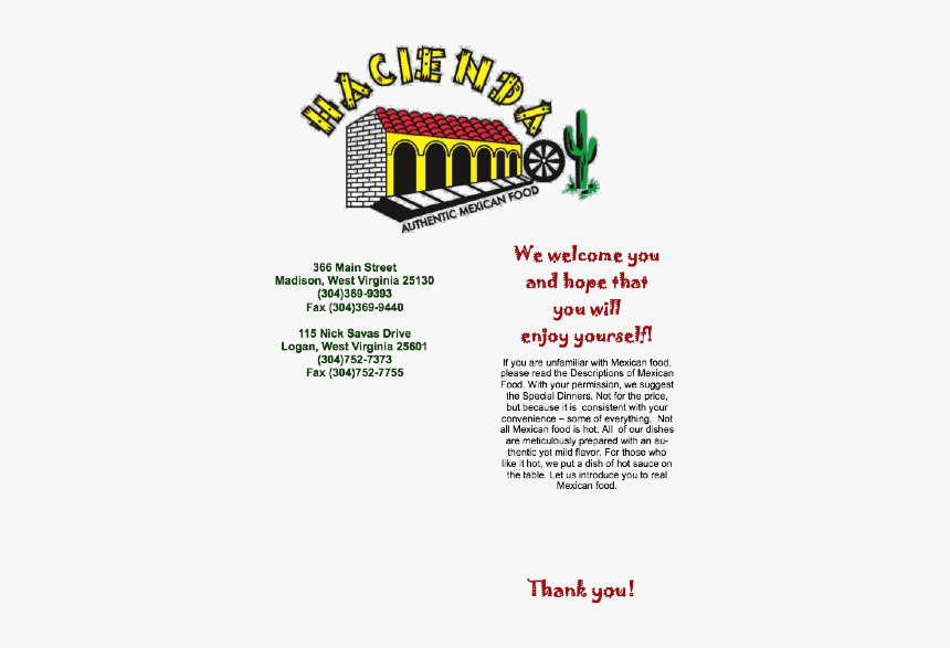 Hacienda Menu Logan Wv, HD Png Download