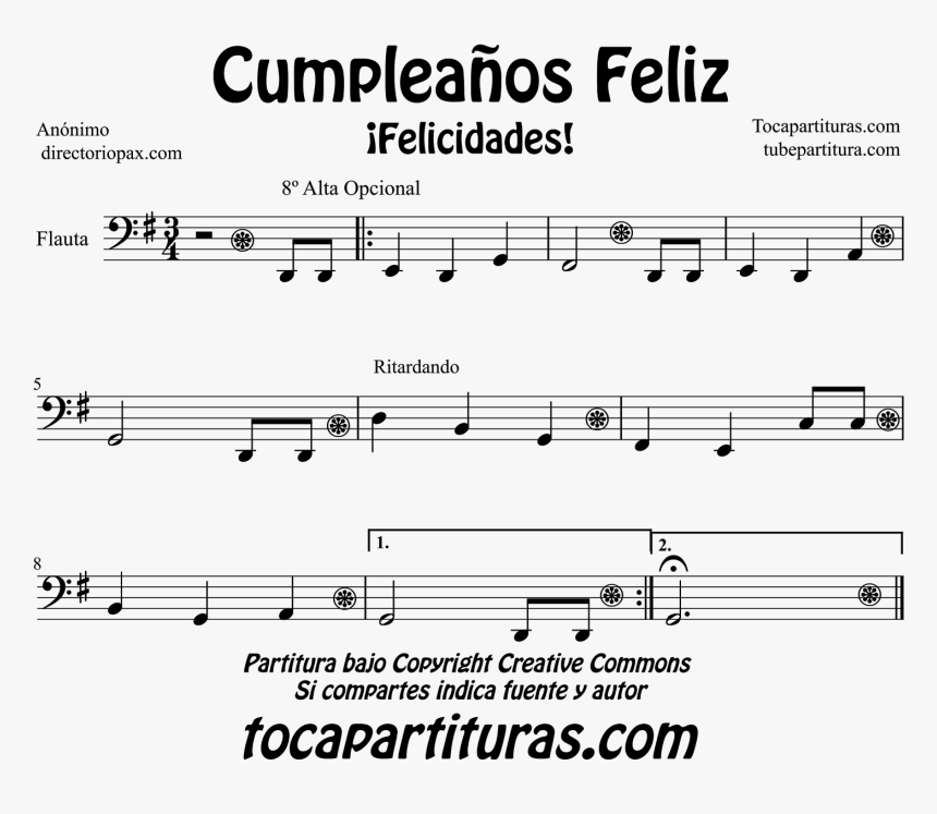 Partitura De Cumpleaños Feliz Para Trombón, Tuba Elicón - Partitura En Sol Mayor, HD Png Download