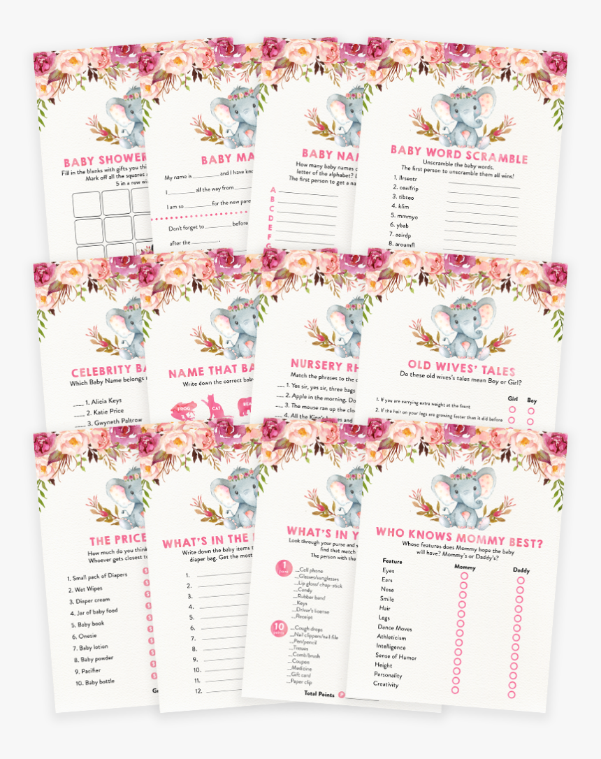 Elephant Floral Boho Baby Shower Game Pack - Boho Elephant Baby Shower, HD Png Download