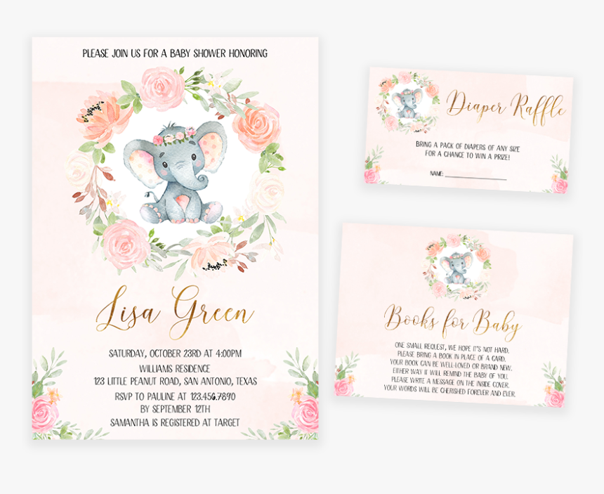 Pink Ink Floral Elephant Baby Shower Invitation Pack - Garden Roses, HD Png Download