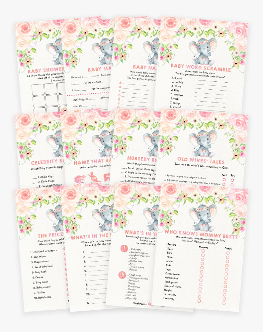 Blush Pink Floral Elephant Baby Shower Game Pack, HD Png Download
