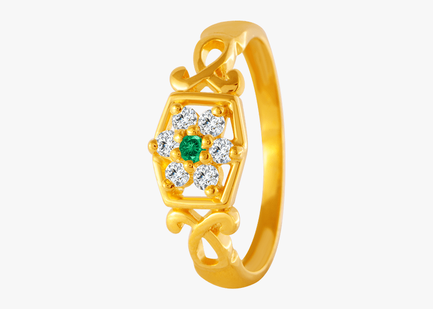 22kt Yellow Gold, American Diamond And Emerald Ring - Engagement Ring, HD Png Download