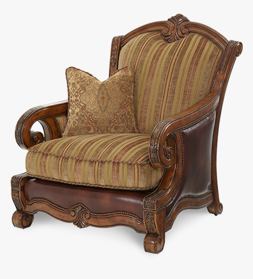 Carved Frame Brown Leather Gold Stripe Patterned Fabric - Club Chair, HD Png Download