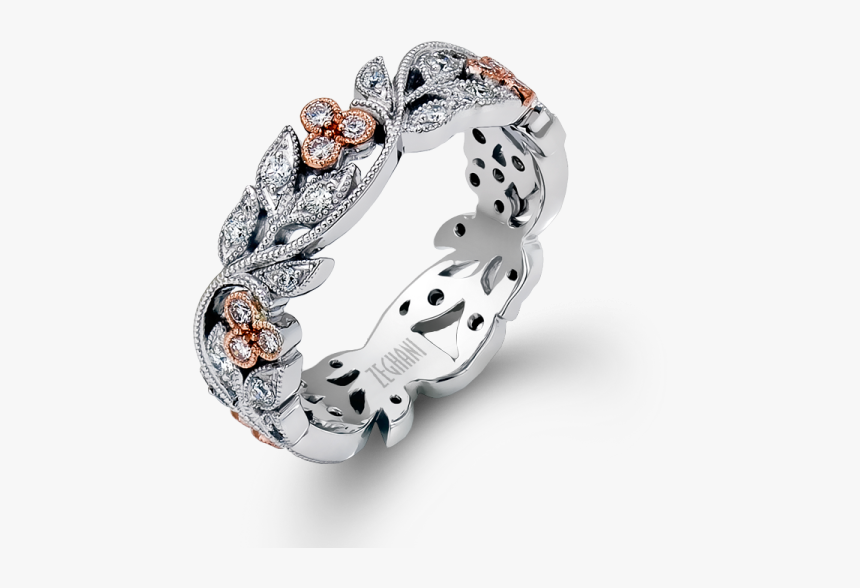 14k Rose And White Leaf Pattern Diamond Ring - Right Hand Ring, HD Png Download