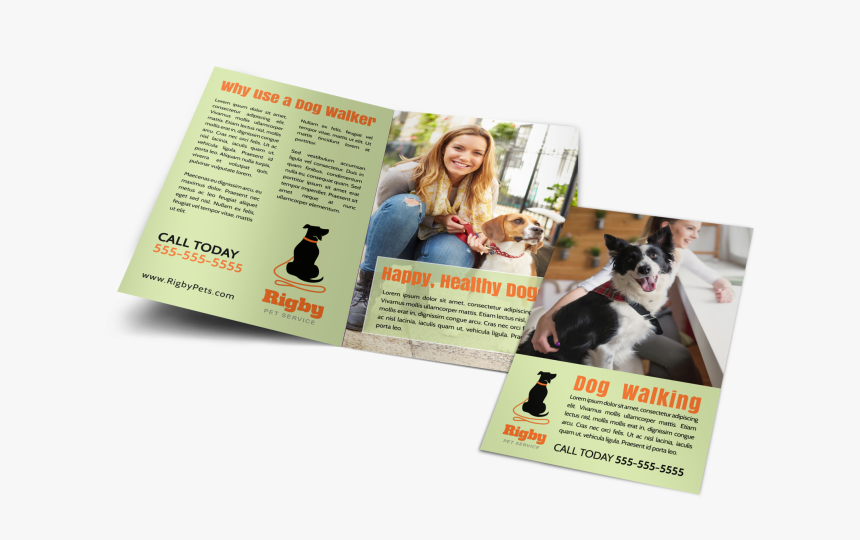 Green Dog Walking Bi-fold Brochure Template Preview - Boston Terrier, HD Png Download