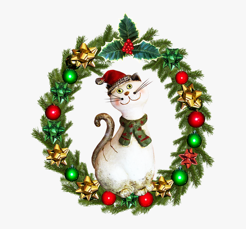 Christmas, Wreath, Cat - Christmas Wreath And Cat Png, Transparent Png