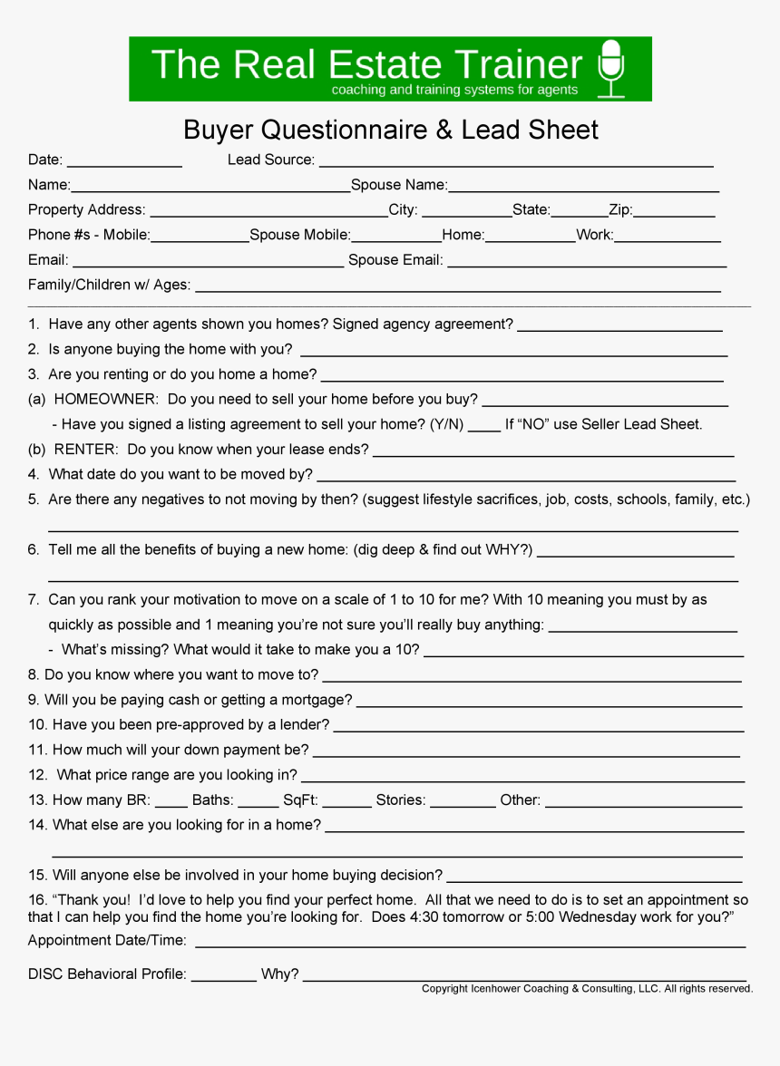 Real Estate Coach - Real Estate Buyer Lead Sheet, HD Png Download