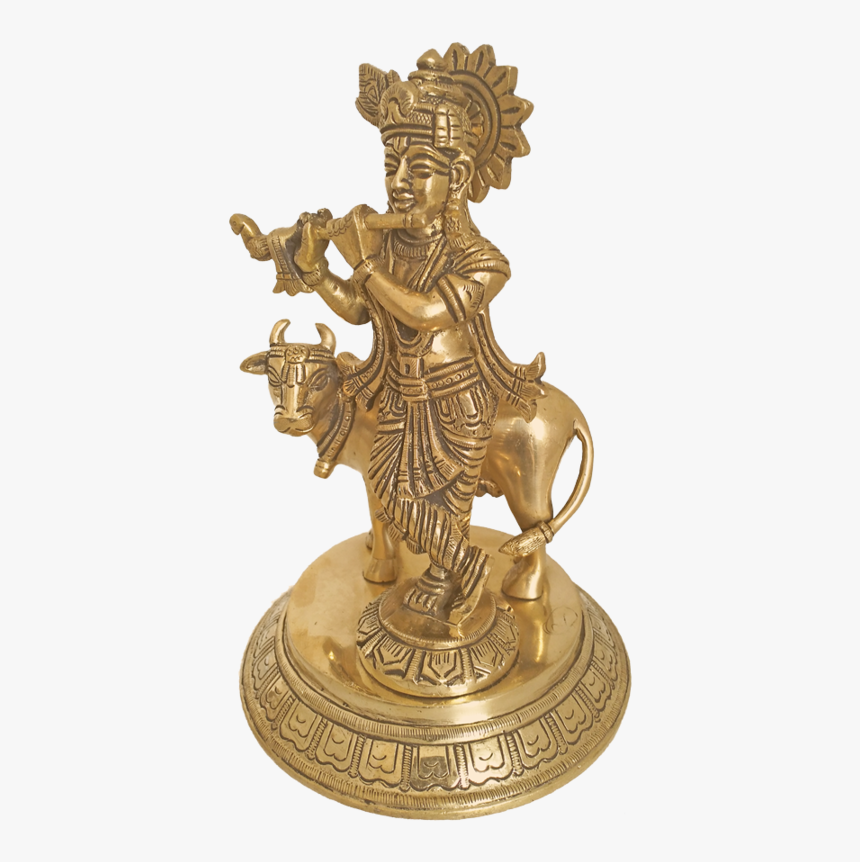 Lord Krishna Playing Flute With Beautiful Cow Brass - Brass, HD Png Download
