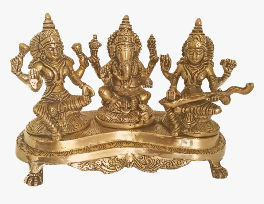 Brass Ganesha With Goddess Lakshmi And Saraswathi Statue, - Saraswati, HD Png Download