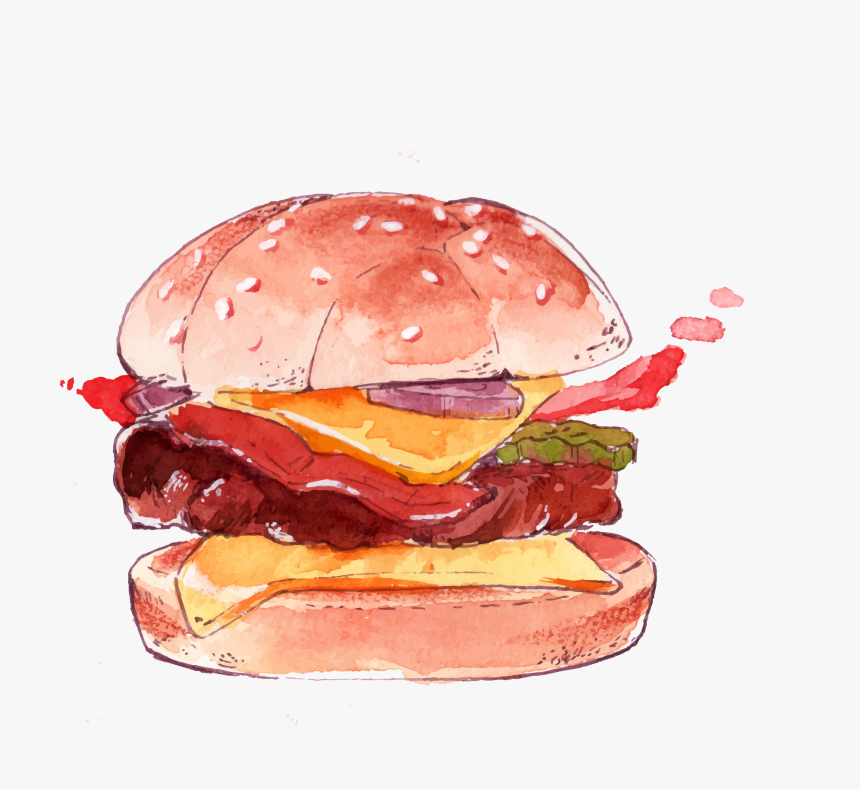 Watercolor Burger Png Image Free Vector - Watercolor Fast Food Png, Transparent Png