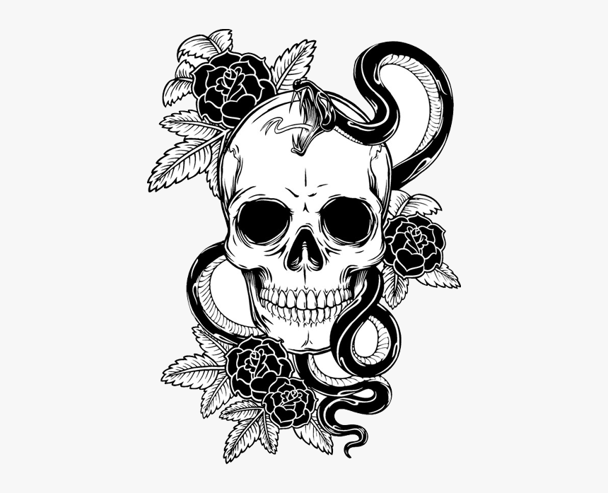 Tattoo Flower Skull Calavera T-shirt Snake Clipart - Skull With Snake And Roses, HD Png Download