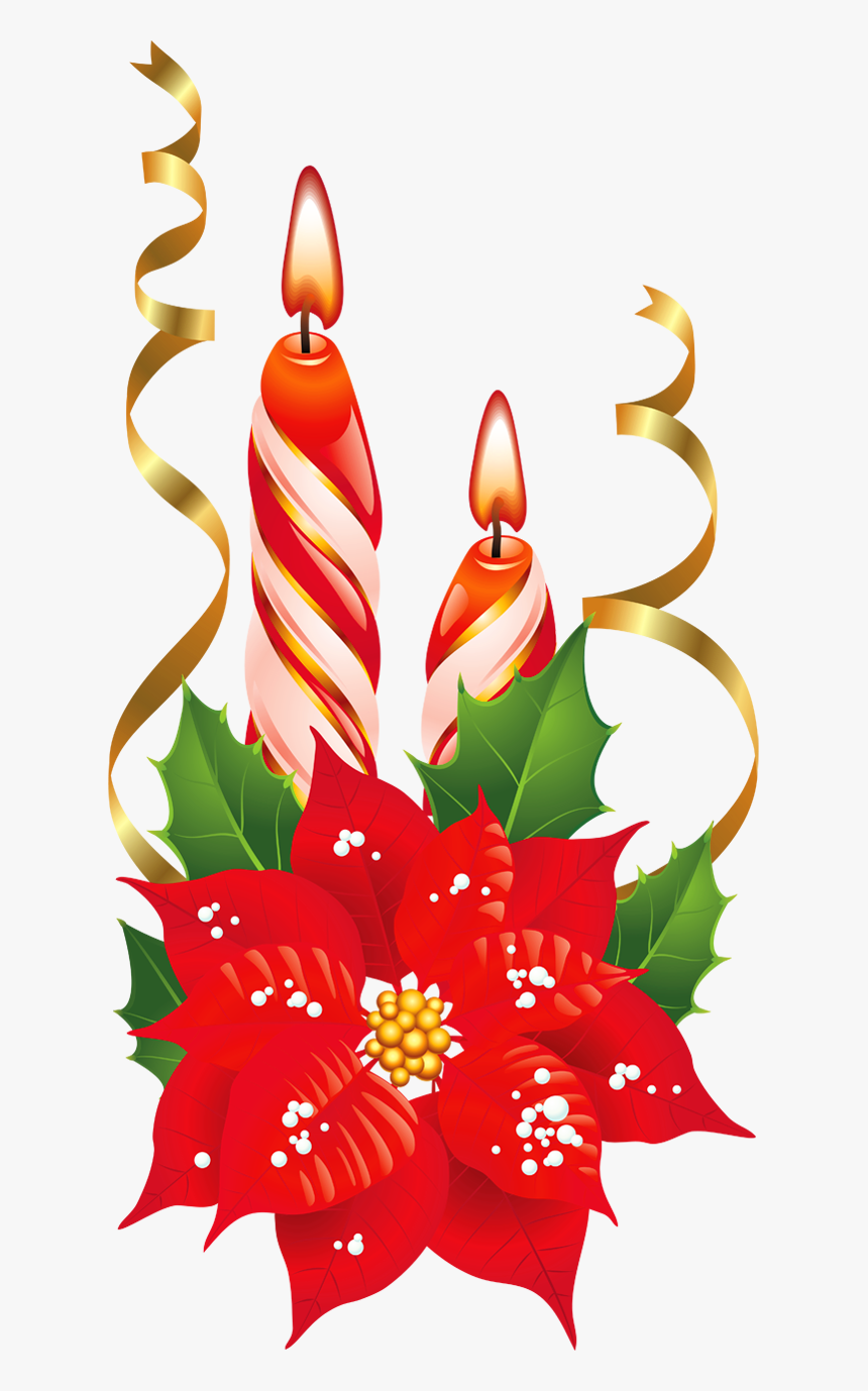 Red And White Christmas Candles With Poinsettia Png - Christmas Candles Clipart, Transparent Png