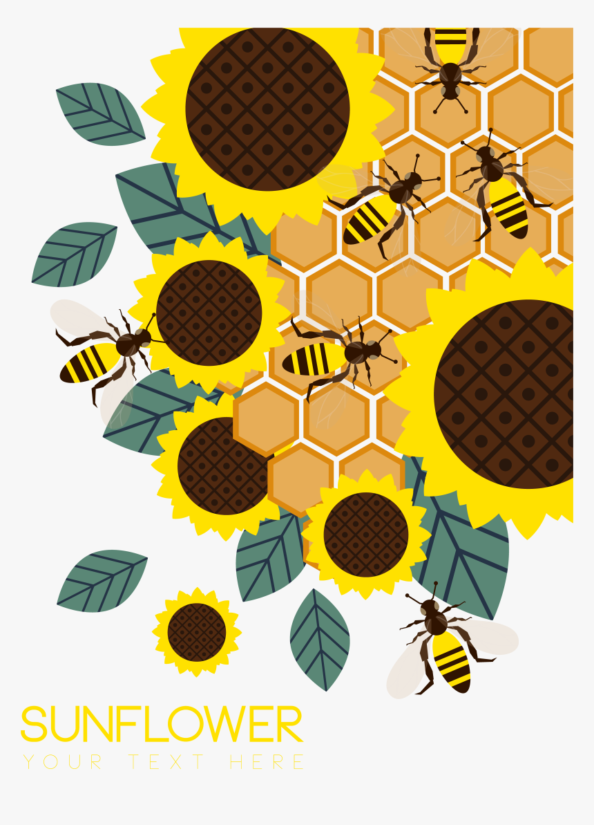 Honeycomb Vector Bee Design - Beehive And Sunflower Vector, HD Png Download