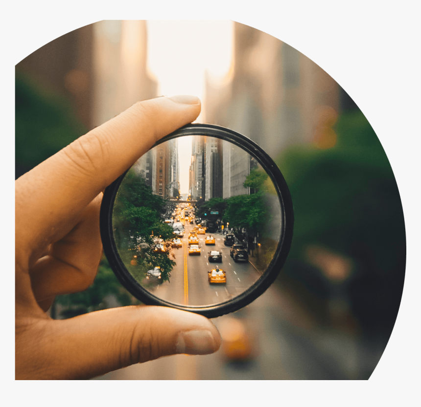 Hand Holding Lens Of New York Road Moving Traffic - Reflection, HD Png Download