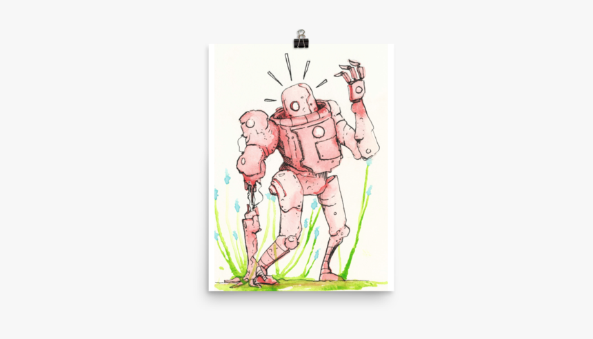 Surprised Red Robot With Blue Flowers Poster - Cartoon, HD Png Download