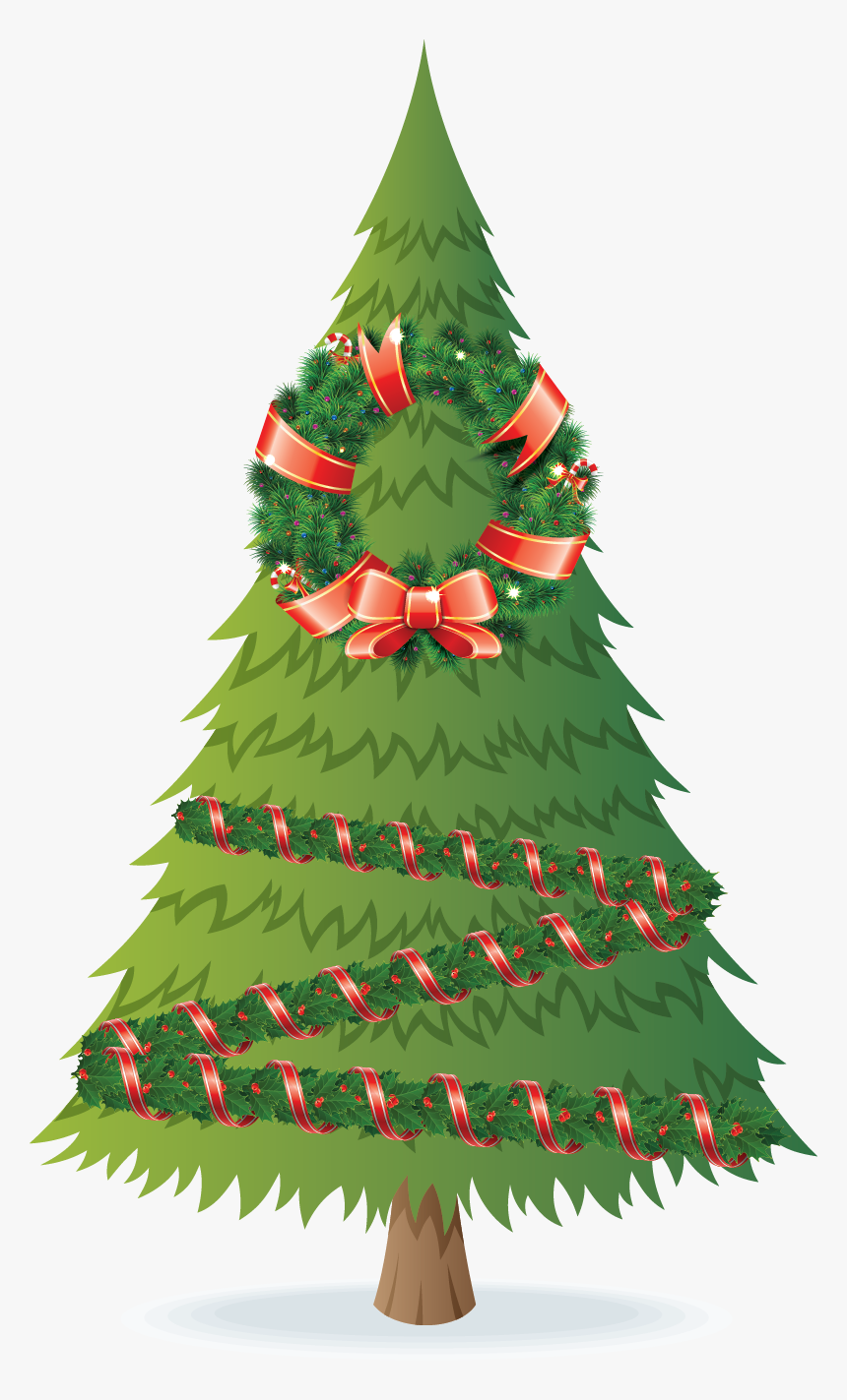 Christmas Tree With Garland And A Wreath - Christmas Tree, HD Png Download