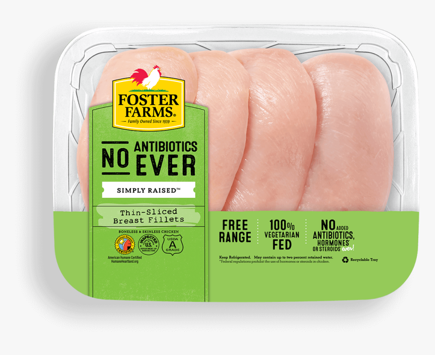 Thin-sliced Boneless Skinless Breast Fillets With No - Foster Farms No Antibiotics Ever, HD Png Download