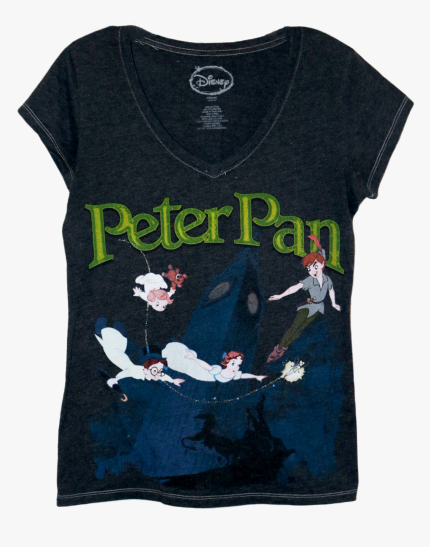 A Black V Neck T Shirt With Large Green Text Of Peter - Peter Pan Disney, HD Png Download