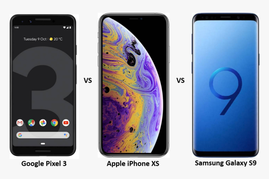 Google Pixel 3 Vs Iphone Xs Vs Samsung Galaxy S9 - Google Pixel 3 Vs Iphone Xs Vs Samsung S9, HD Png Download