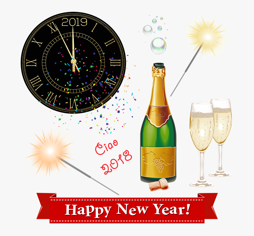 Happy New Year, Clock, Midnight, Champagne, Party - Zegar Szczęśliwego Nowego Roku 2019, HD Png Download